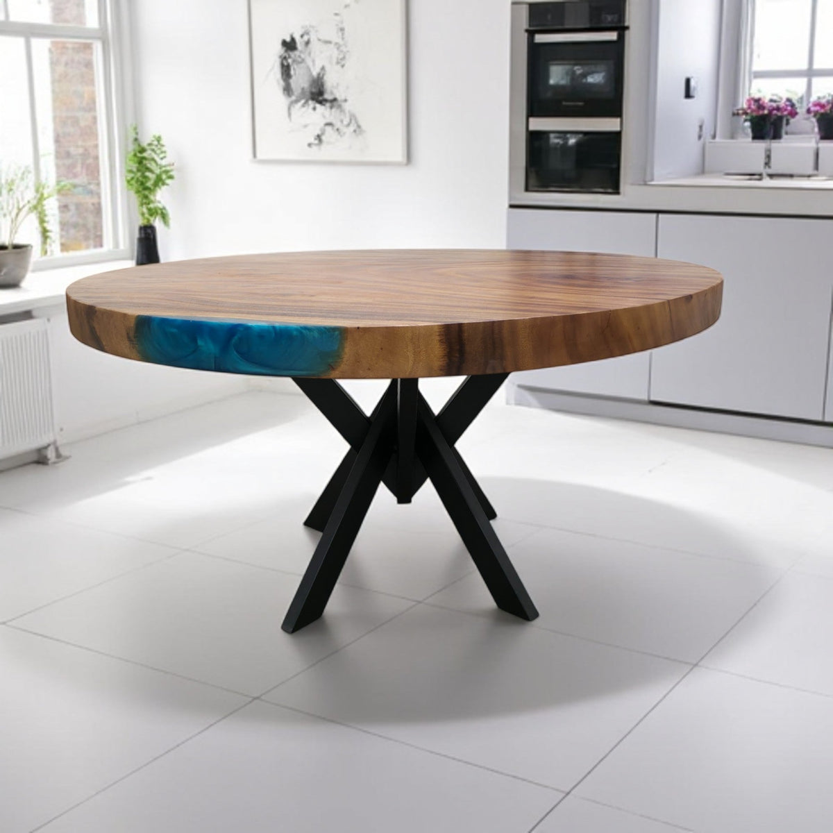 136cm Runder Blauer Resin Live-Edge Ostnussbaum Esstisch