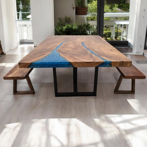 210cm x 145cm Blauer Resin Live-Edge Ostnussbaum Esstisch