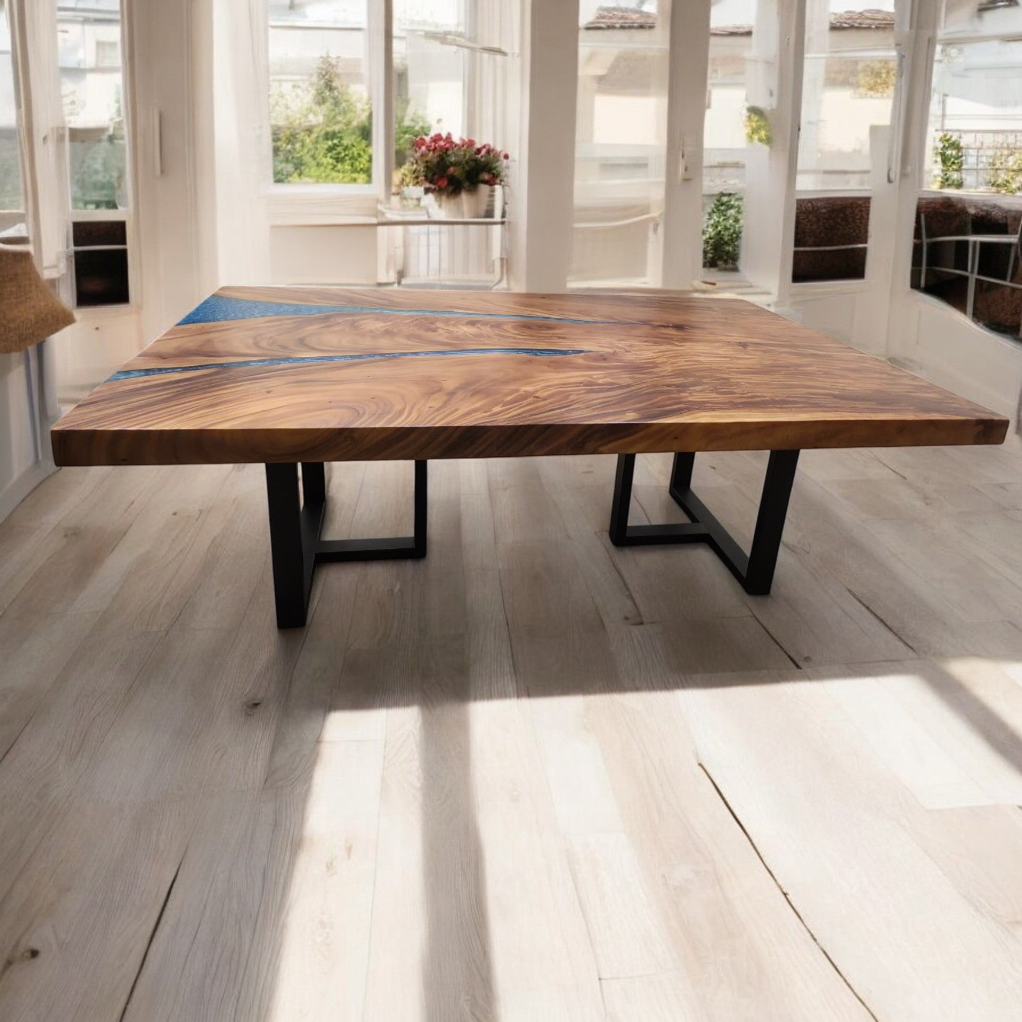 210cm x 145cm Blauer Resin Live-Edge Ostnussbaum Esstisch