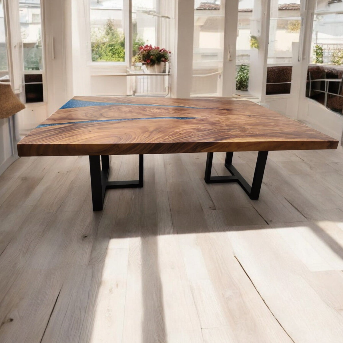 210cm x 145cm Blauer Resin Live-Edge Ostnussbaum Esstisch