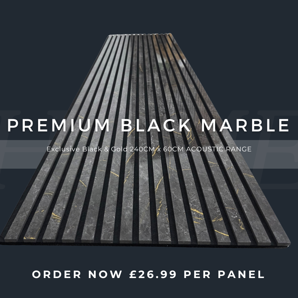 240cm x 60cm Akustik-Lamellen-Wandpaneel Schwarz & Gold Marmor